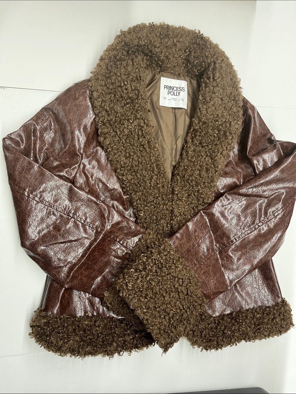 NEW Princess Polly Brown Faux Leather Jacket with Shearling Trim Women’s size 10